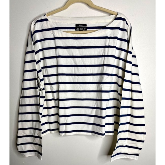 J Crew Cropped Boatneck T-shirt in Mariner Cotton Blue Stripe Sz 2X NEW Preppy - Picture 3 of 7